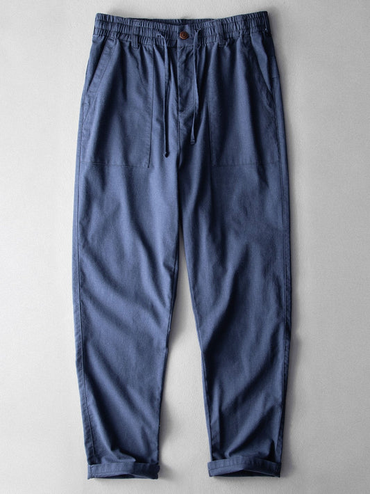 Pantalon droit en mélange de coton et lin