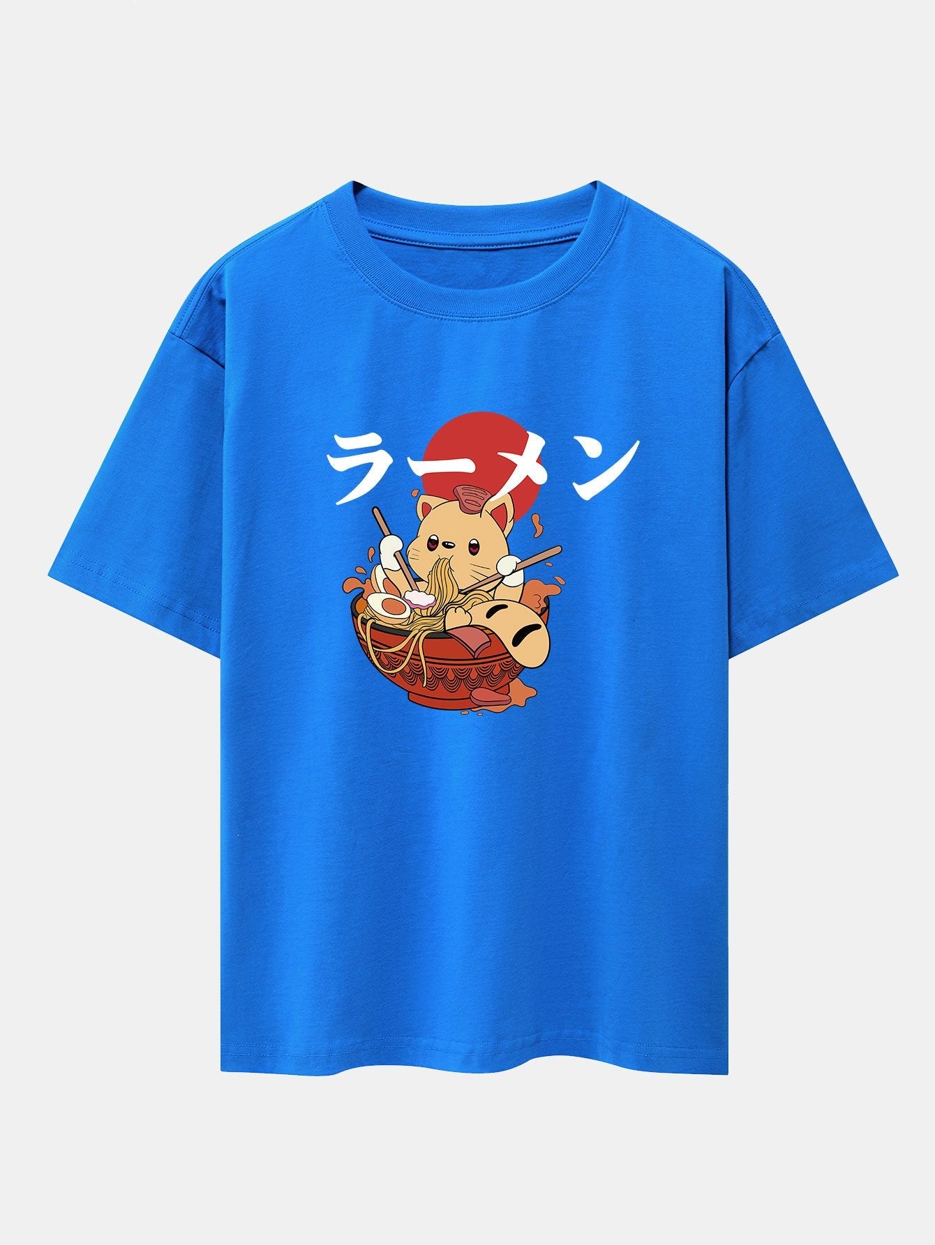 Ramen Cat Print Drop Shoulder Oversize T-Shirt