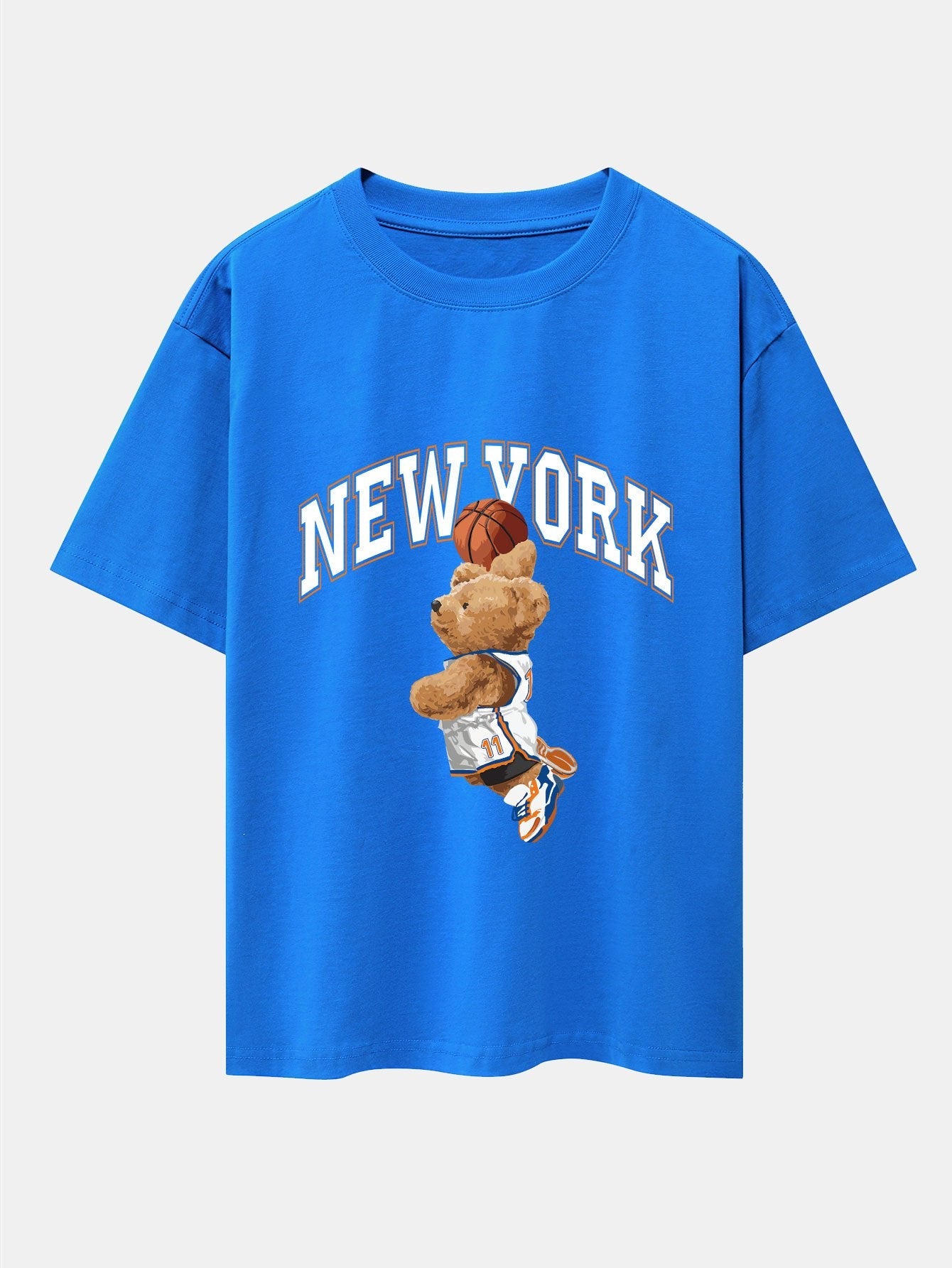 New York Basketball Bear Print Drop Shoulder Oversize T-Shirt