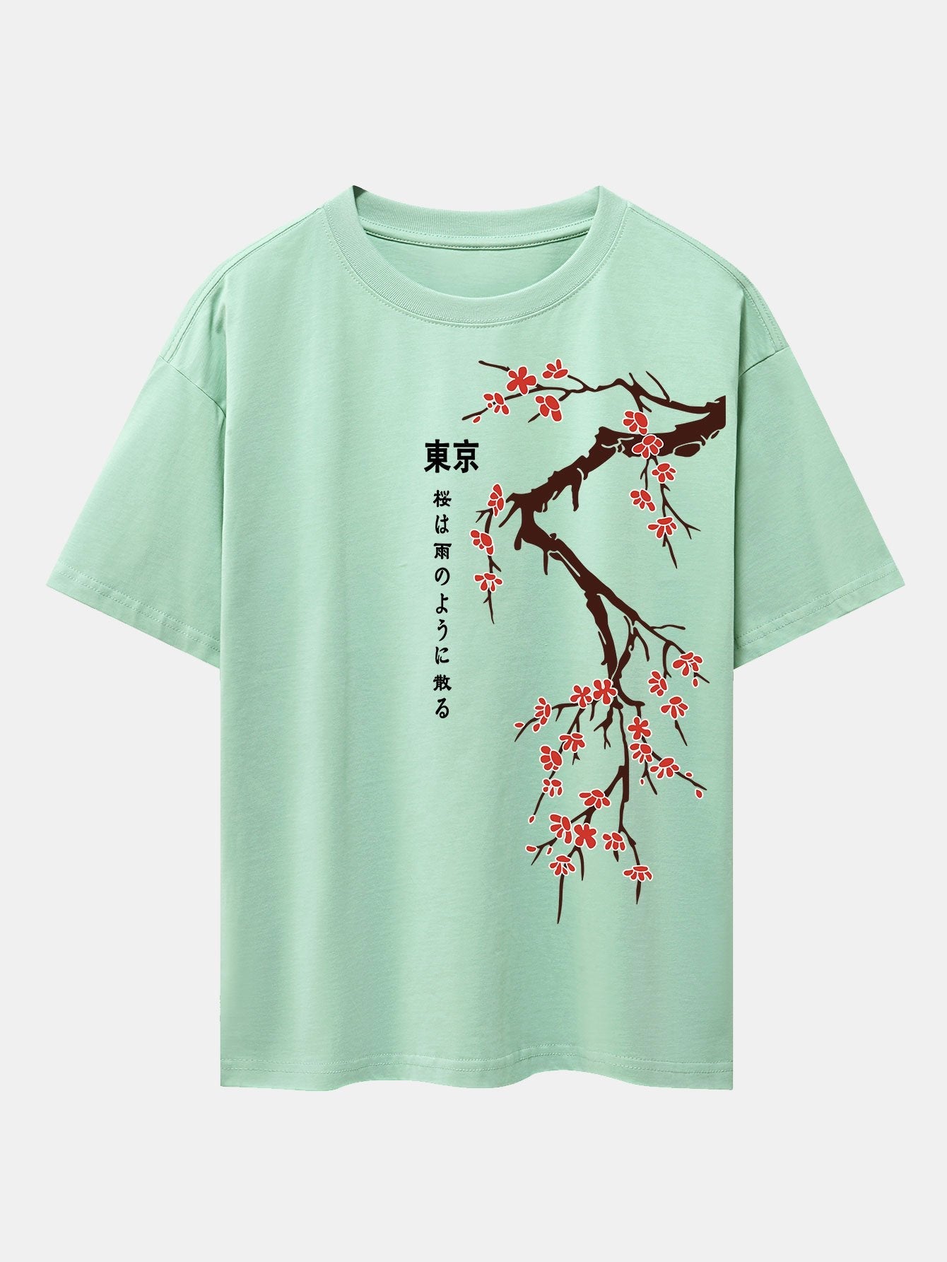 Tokyo Japanese Cherry Blossoms Print Drop Shoulder Oversize T-Shirt