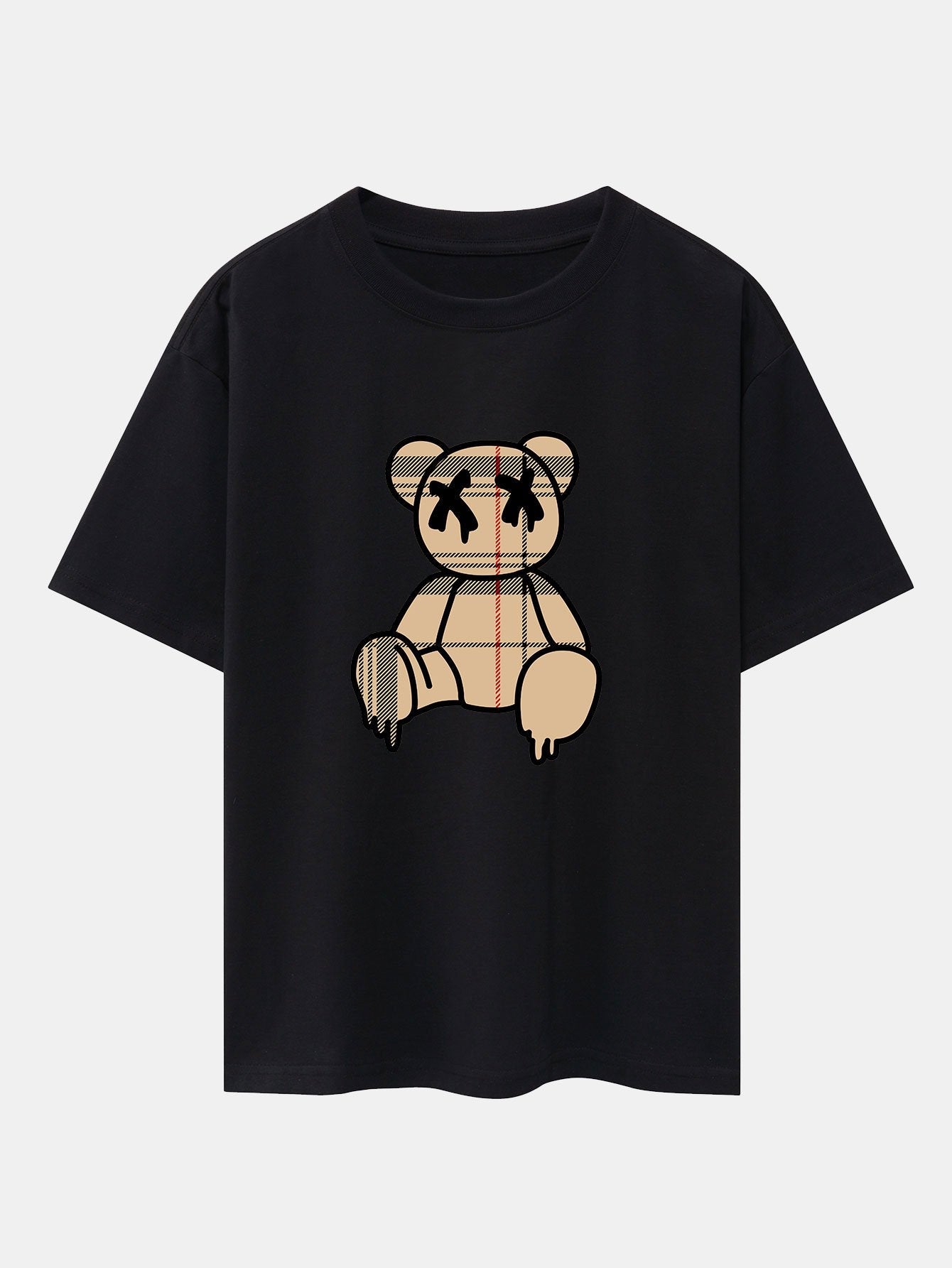 Plaid Pattern Dissolving Bear Print Heavy Weight Drop Shoulder Oversize T-Shirt