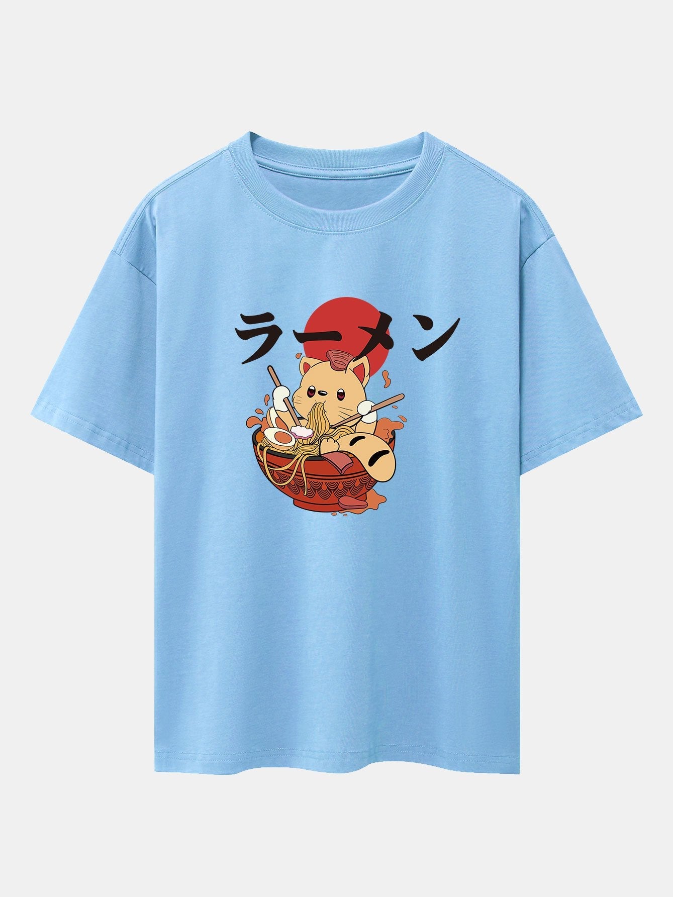 Ramen Cat Print Drop Shoulder Oversize T-Shirt