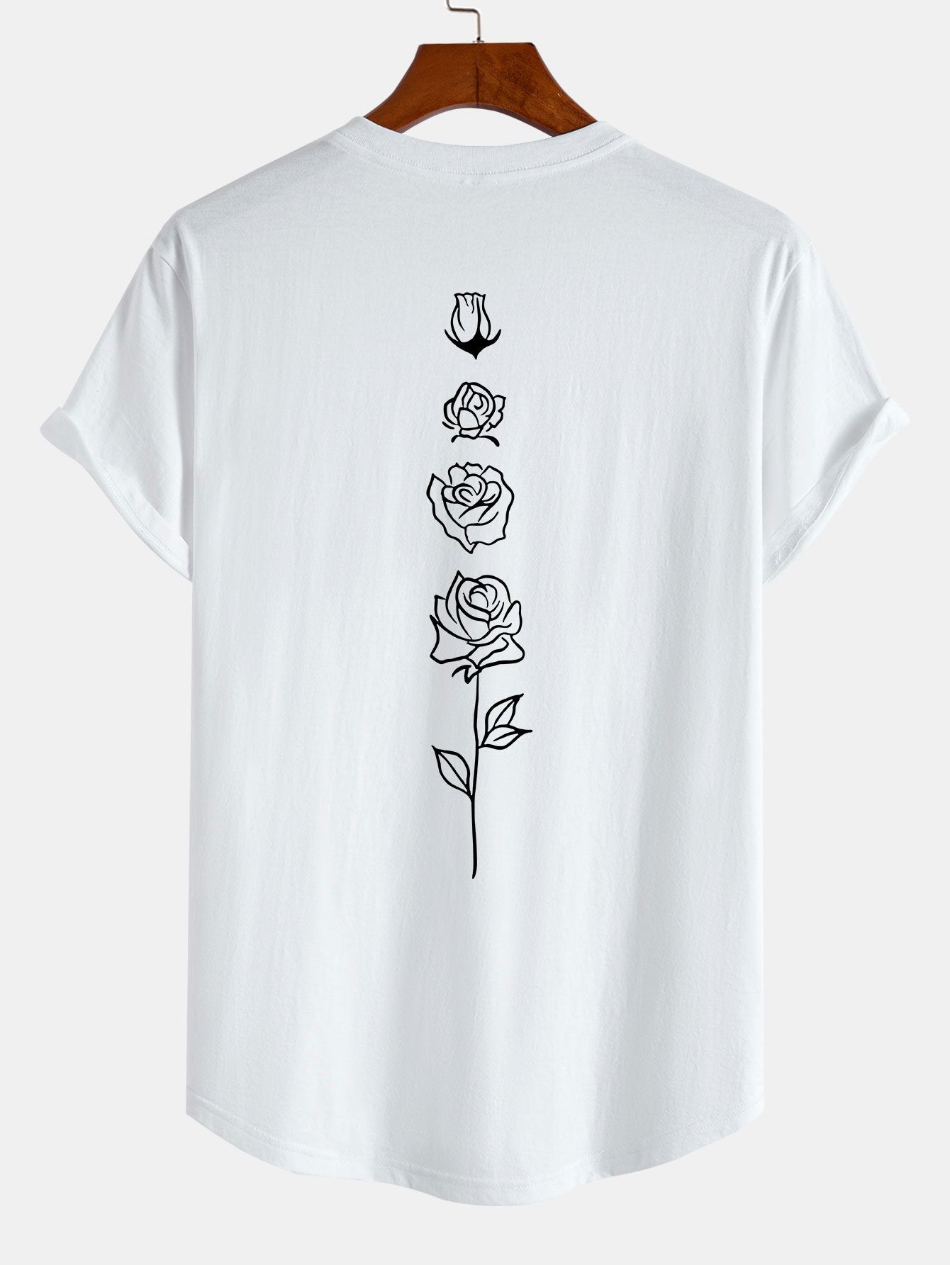 Rose Print Cotton Arc Hem T-Shirt