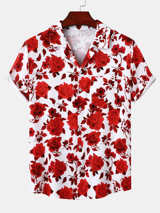 Chemise rouge à col à revers et imprimé floral