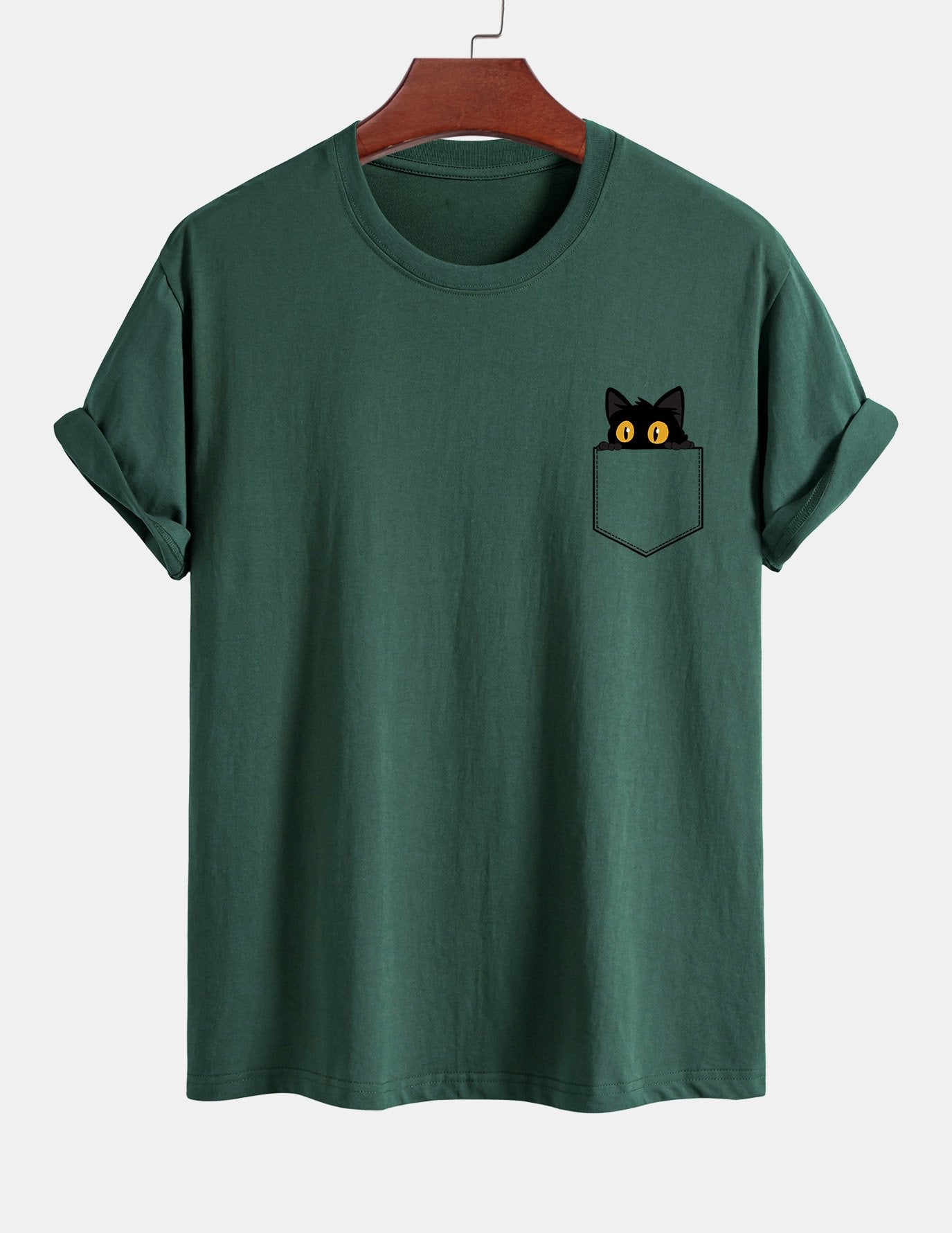 Regular Fit Pocket Black Cat Print Cotton T-Shirt