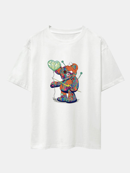 T-shirt oversize à épaules tombantes et imprimé ours en lambeaux coloré