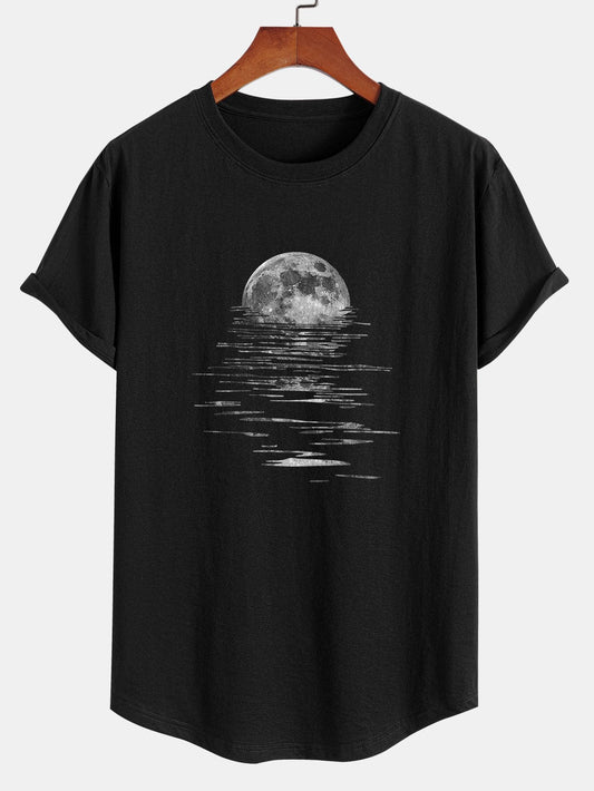 Moon On The Water Print Cotton Arc Hem T-Shirt