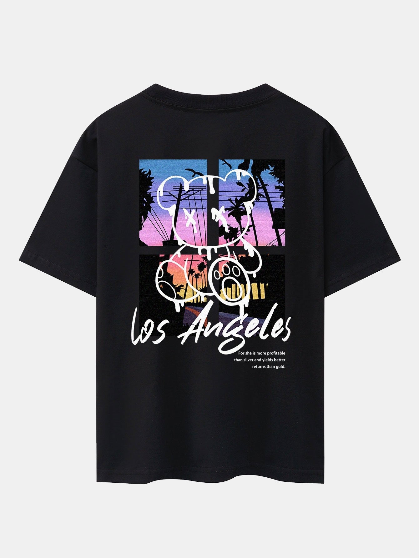 Los Angeles Illustration Bear Print Drop Shoulder Oversize T-Shirt