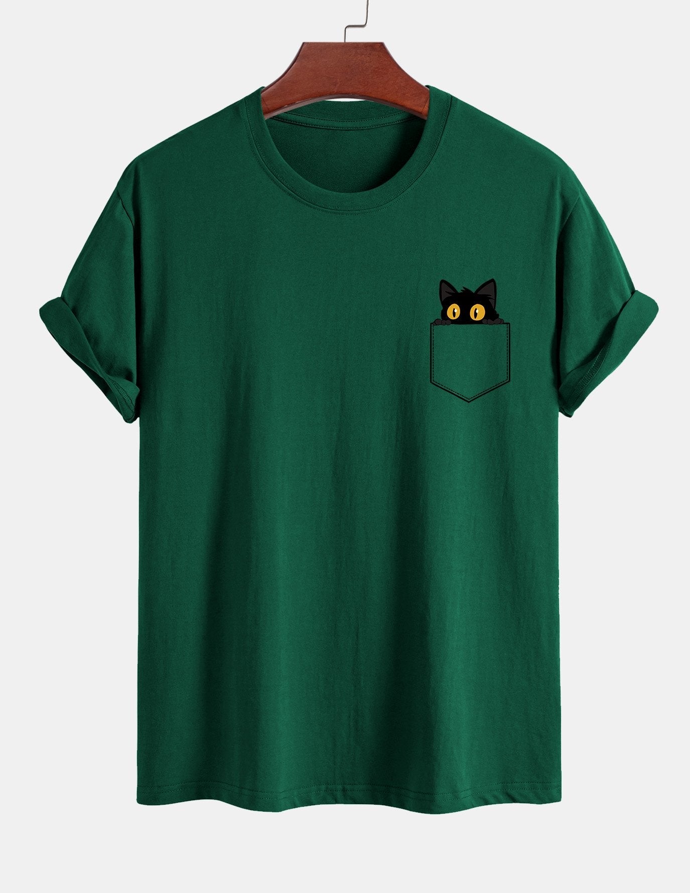 Regular Fit Pocket Black Cat Print Cotton T-Shirt