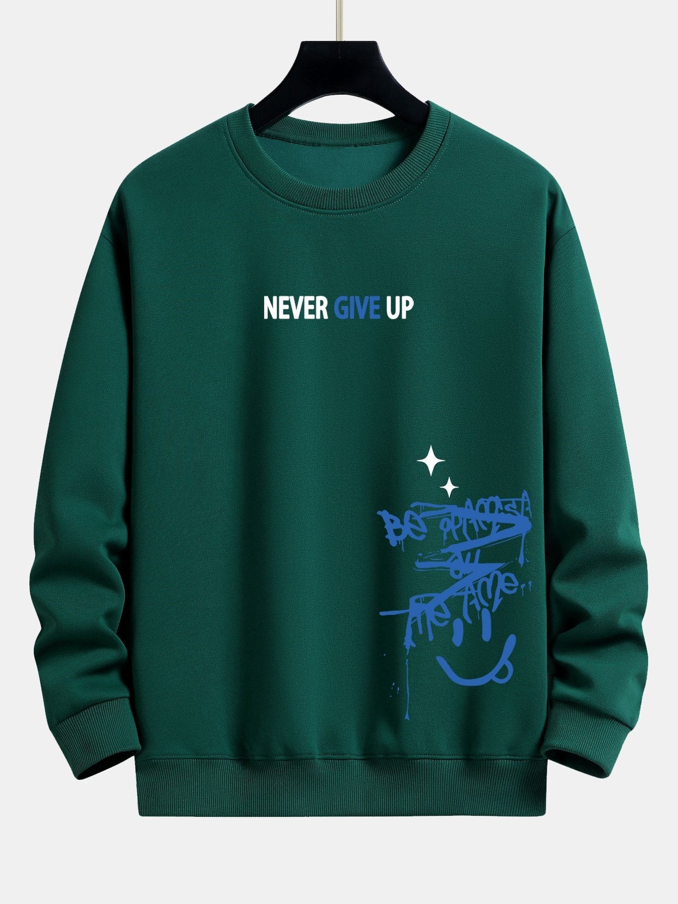 Sweat-shirt coupe décontractée à imprimé visage souriant Never Give Up