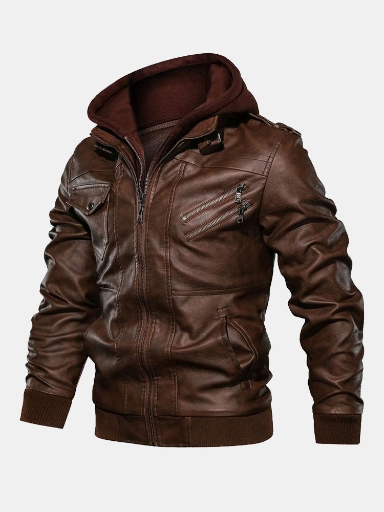 Veste en cuir PU zippée à capuche amovible