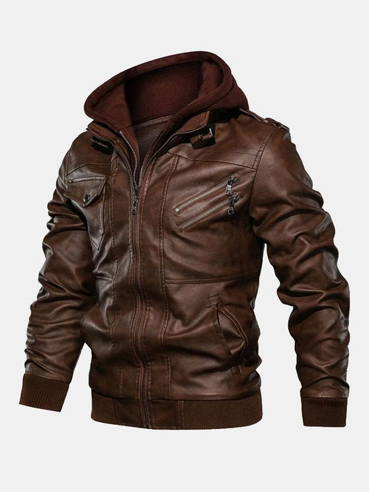 Detachable Hooded Zip Up PU Leather Jacket