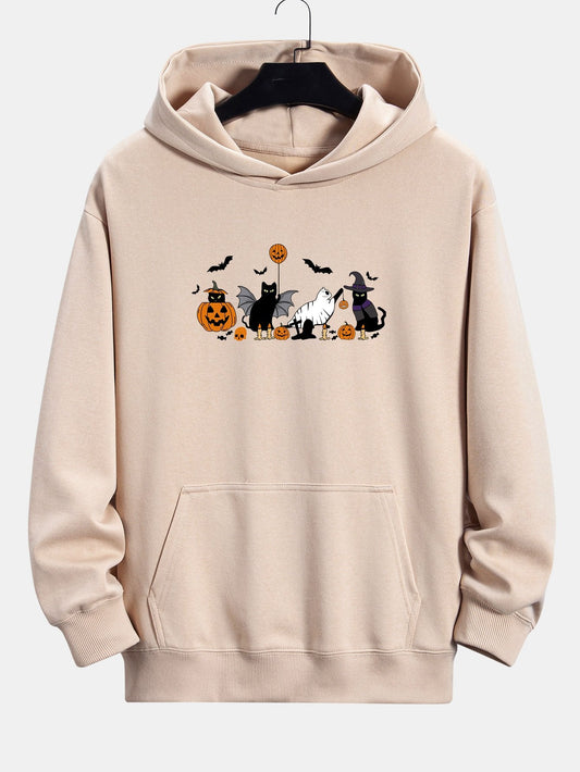 Halloween Pumpkin Black Cat Print Relax Fit Hoodie