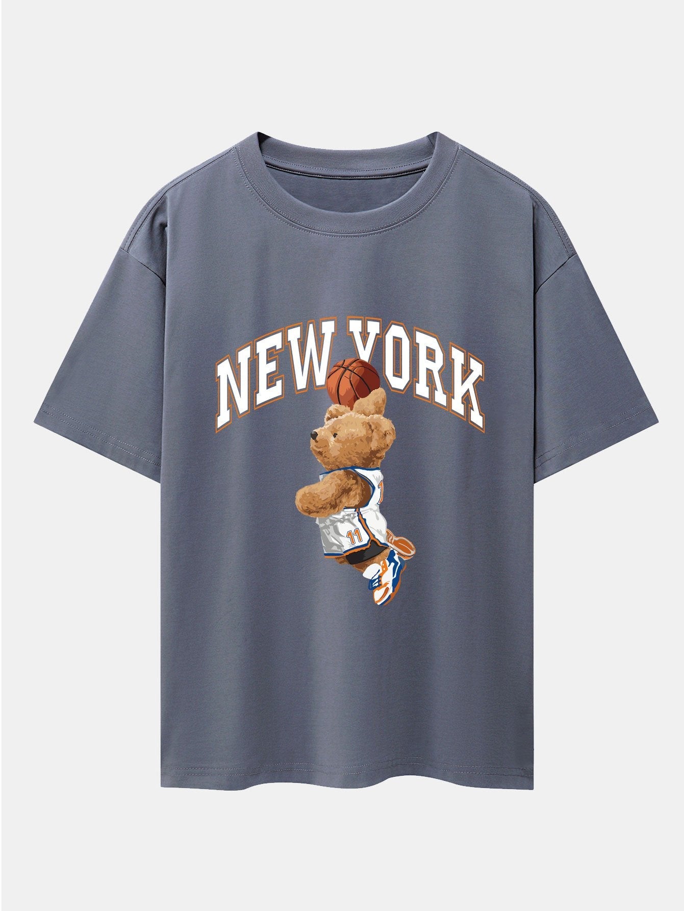 New York Basketball Bear Print Drop Shoulder Oversize T-Shirt