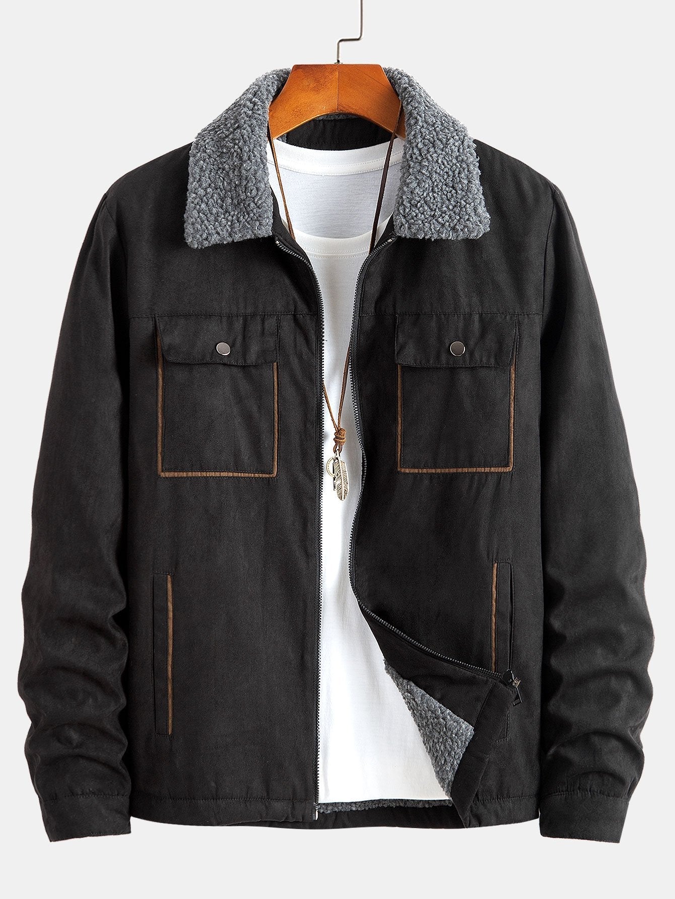 Zip Up Teddy Lined Faux Suede Jacket