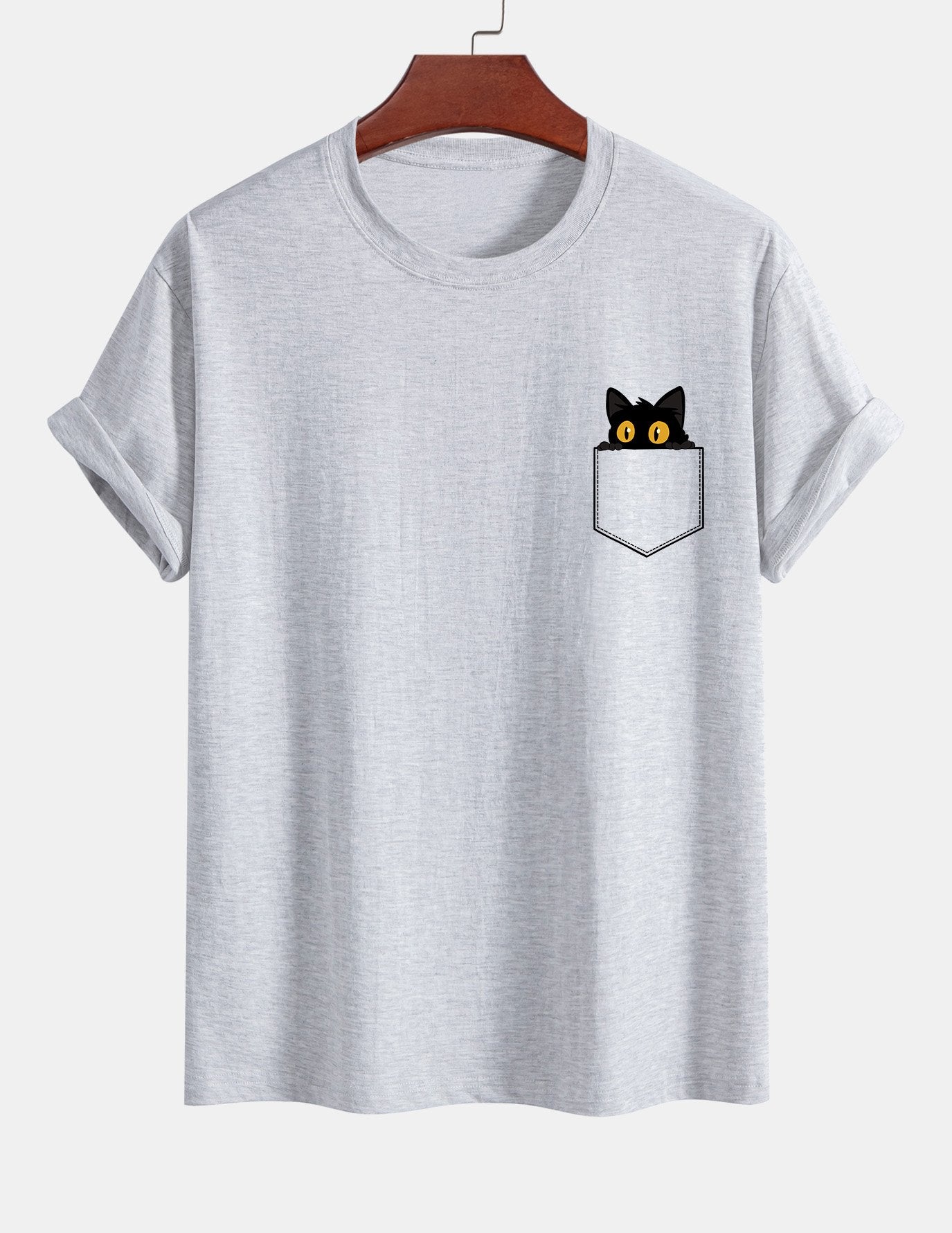 Regular Fit Pocket Black Cat Print Cotton T-Shirt