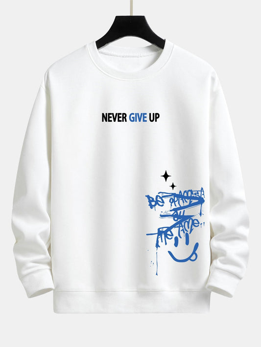 Sweat-shirt coupe décontractée à imprimé visage souriant Never Give Up