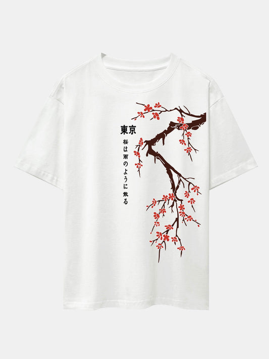 T-shirt surdimensionné à épaules tombantes et imprimé fleurs de cerisier japonais de Tokyo