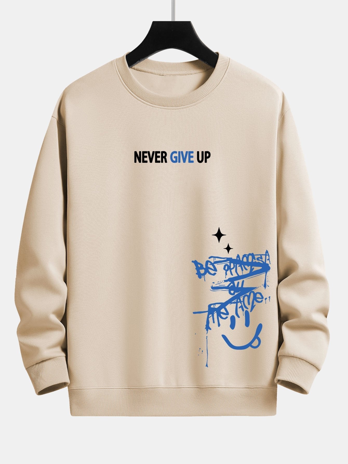 Sweat-shirt coupe décontractée à imprimé visage souriant Never Give Up