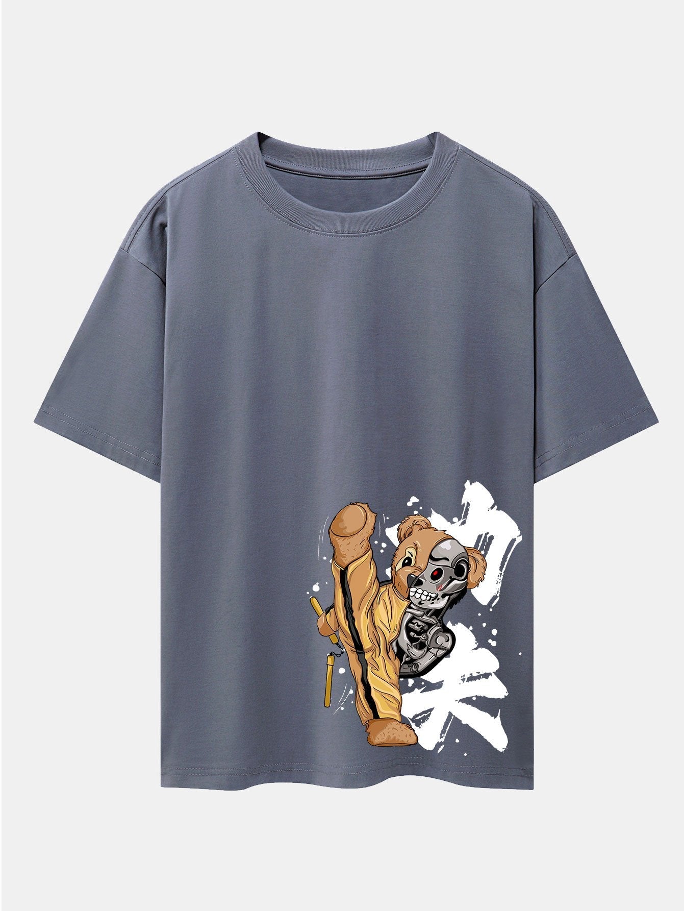 Kung Fu Bear Print Drop Shoulder Oversize T-Shirt