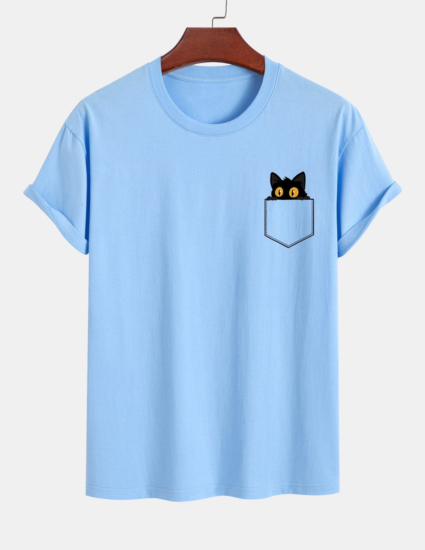 Regular Fit Pocket Black Cat Print Cotton T-Shirt