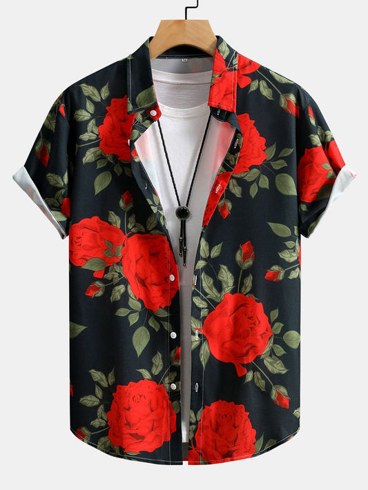 Chemise boutonnée à imprimé roses rouges