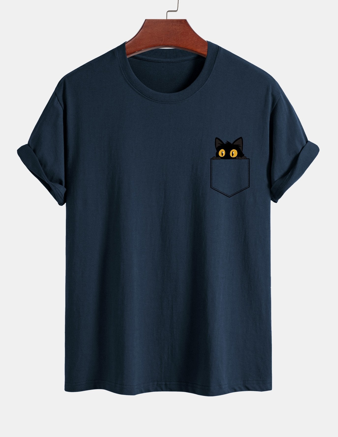 Regular Fit Pocket Black Cat Print Cotton T-Shirt