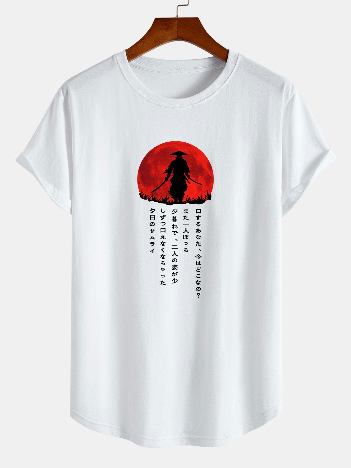 Japanese Samurai Print Cotton Arc Hem T-Shirt