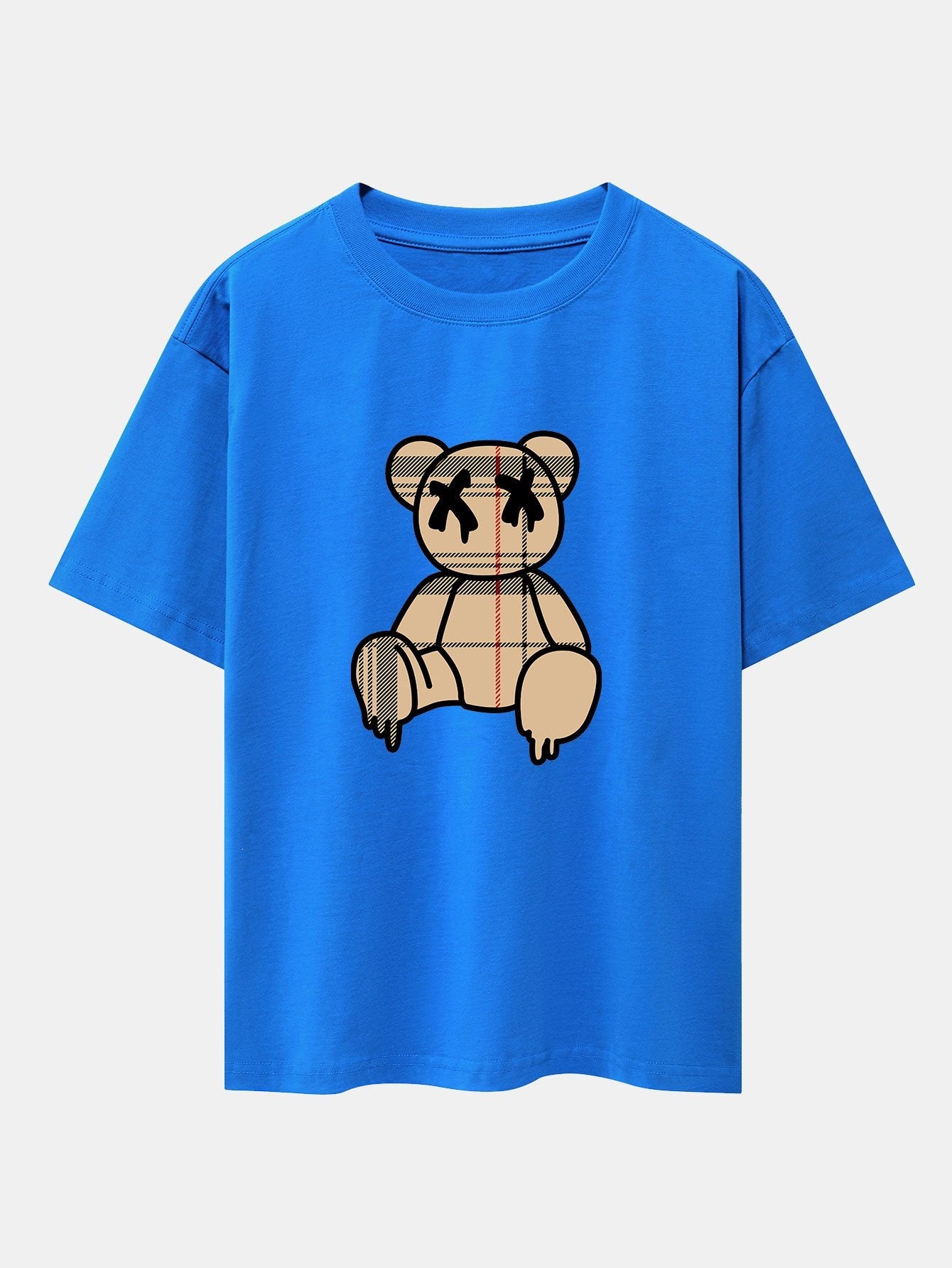 Plaid Pattern Dissolving Bear Print Heavy Weight Drop Shoulder Oversize T-Shirt