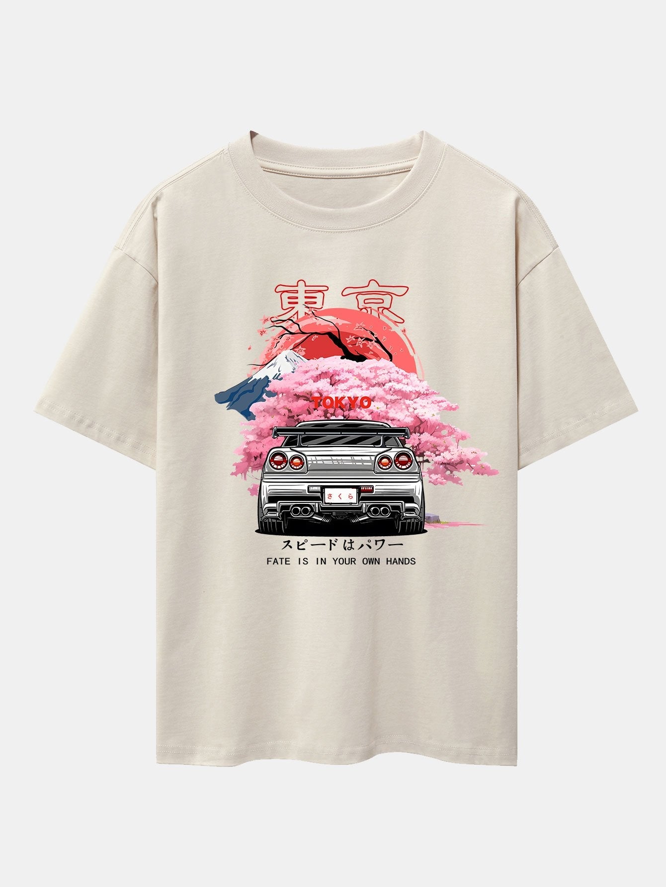 Tokyo Cherry Blossoms Car Print Drop Shoulder Oversize T-Shirt