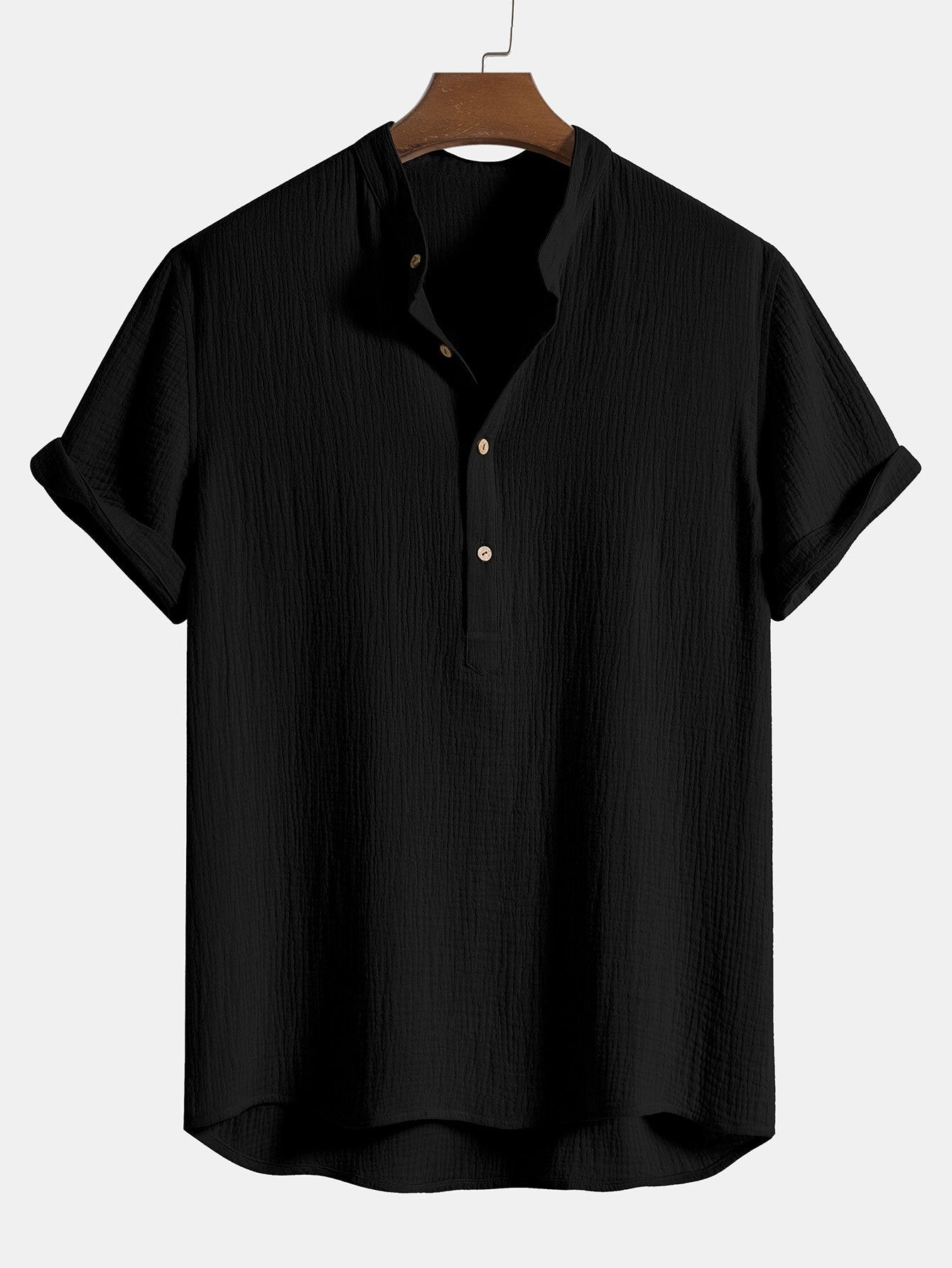 Chemise à col Henley en coton froissé avec patte de boutonnage semi-ouverte