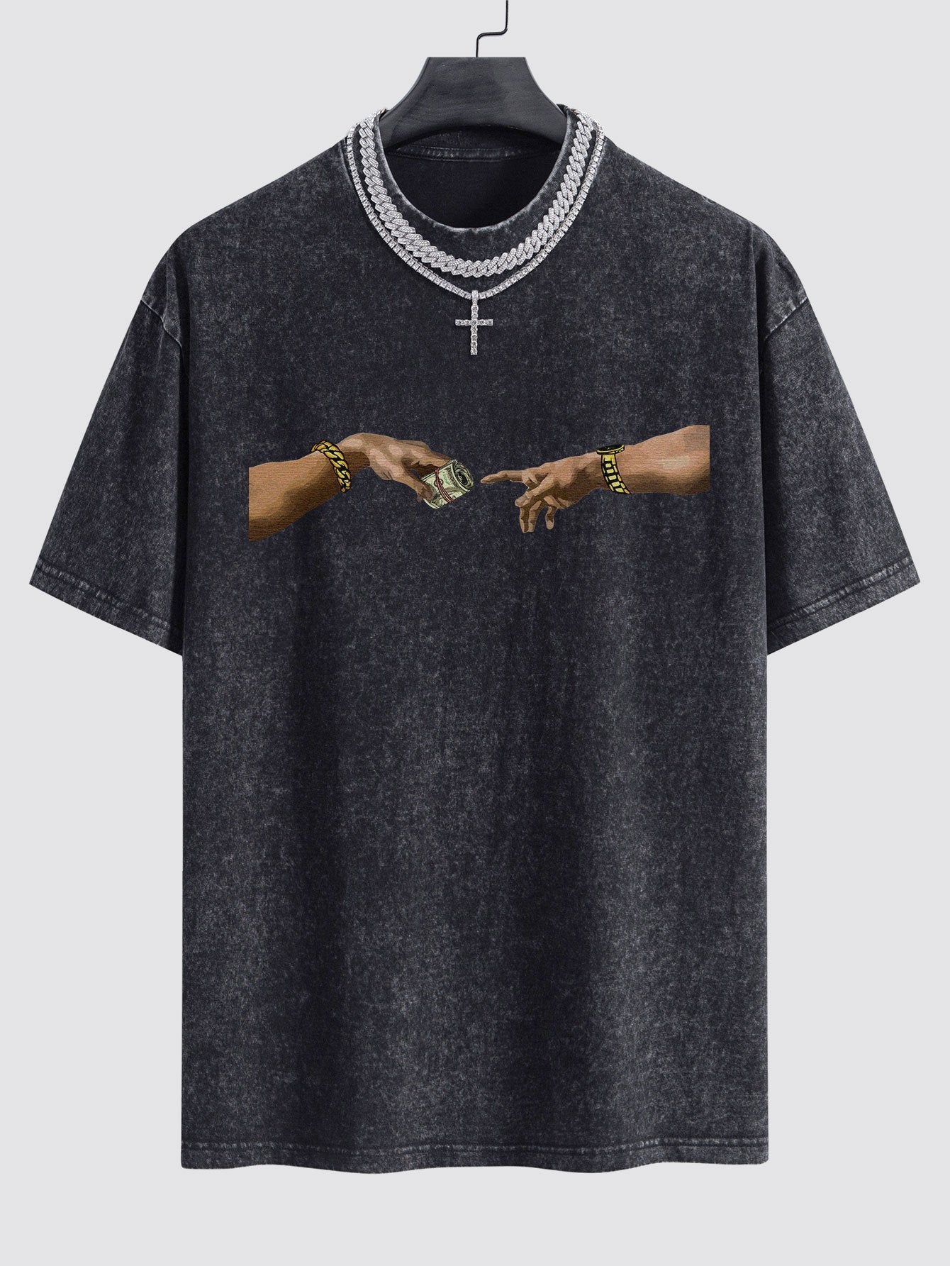 Dollar Hand Print Washed Drop Shoulder Oversize T-Shirt