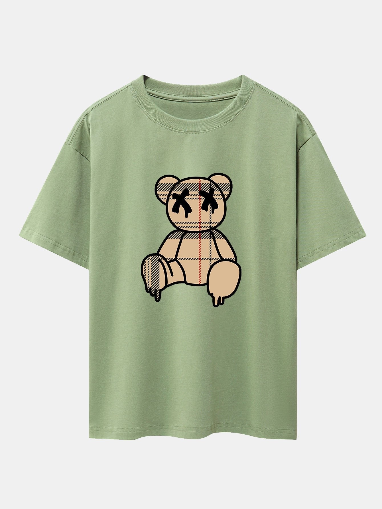 Plaid Pattern Dissolving Bear Print Heavy Weight Drop Shoulder Oversize T-Shirt