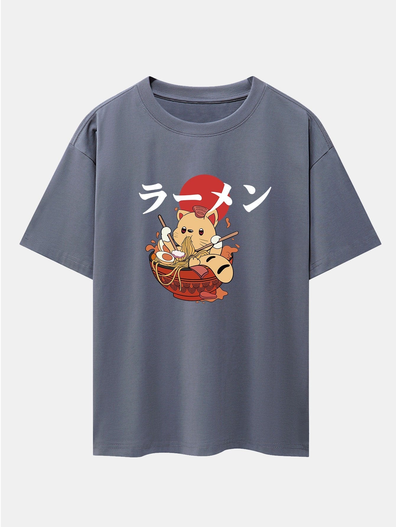 Ramen Cat Print Drop Shoulder Oversize T-Shirt