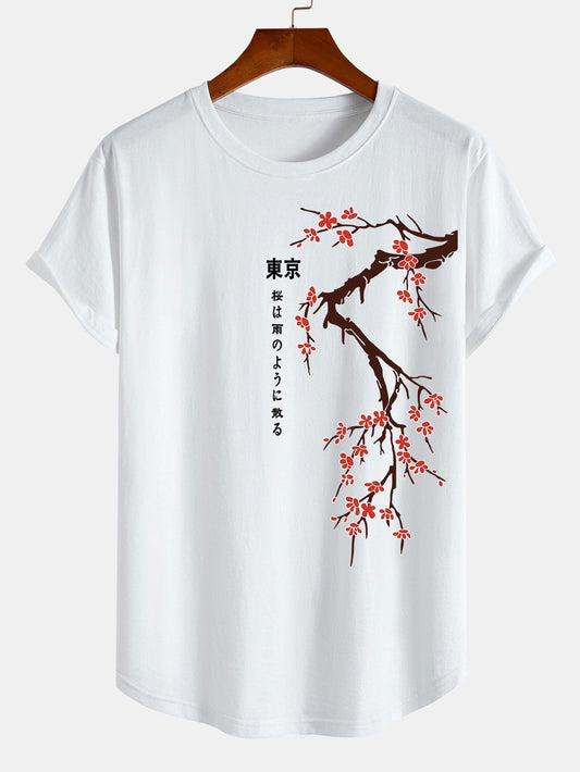 Tokyo Japanese Cherry Blossoms Print Cotton Arc Hem T-Shirt