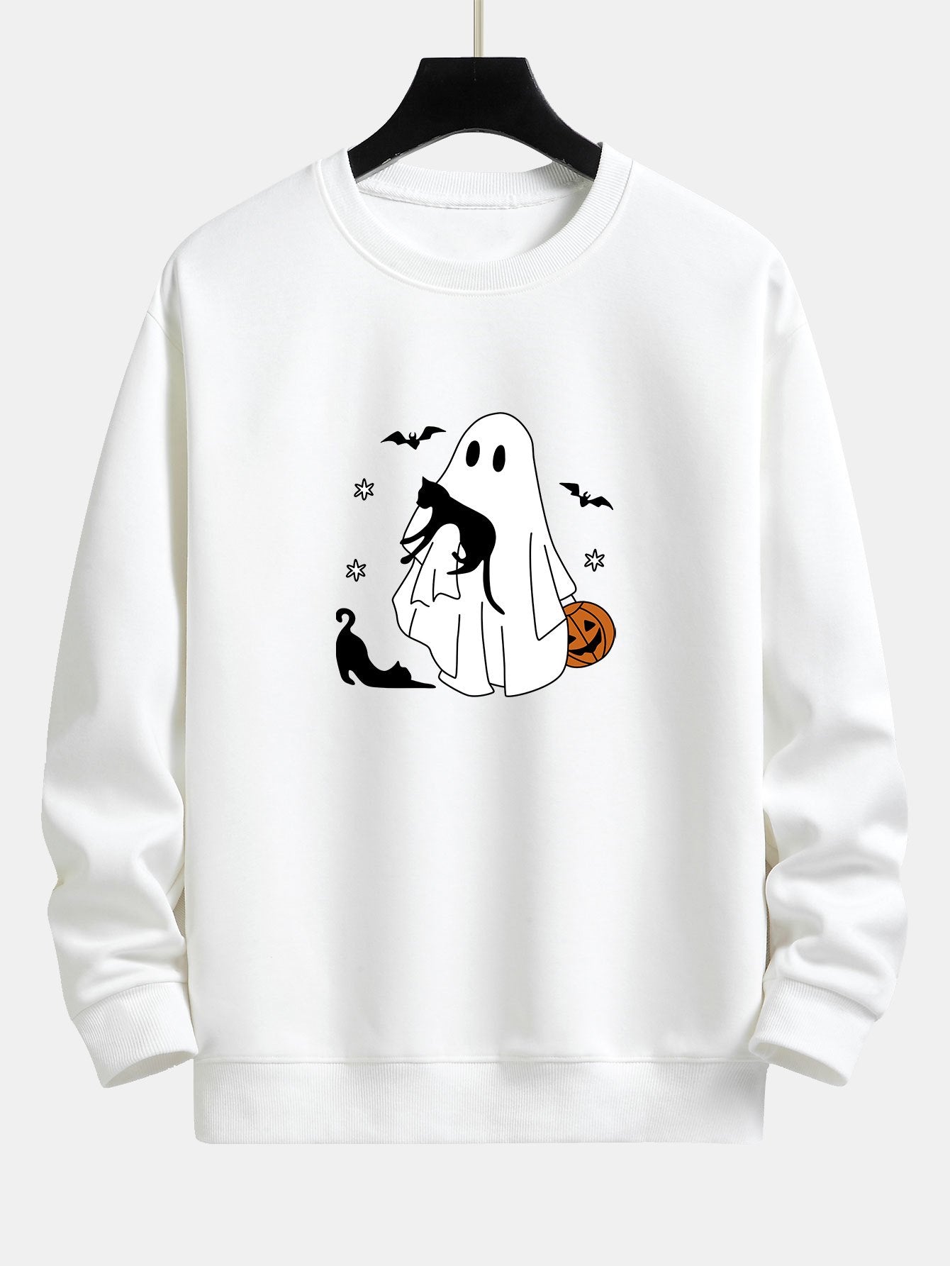 Sweat-shirt coupe décontractée à imprimé chat noir fantôme d'Halloween