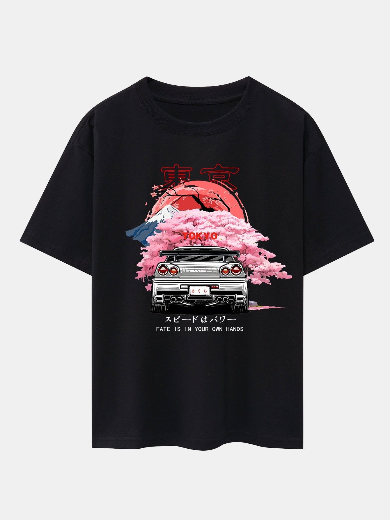 Tokyo Cherry Blossoms Car Print Drop Shoulder Oversize T-Shirt