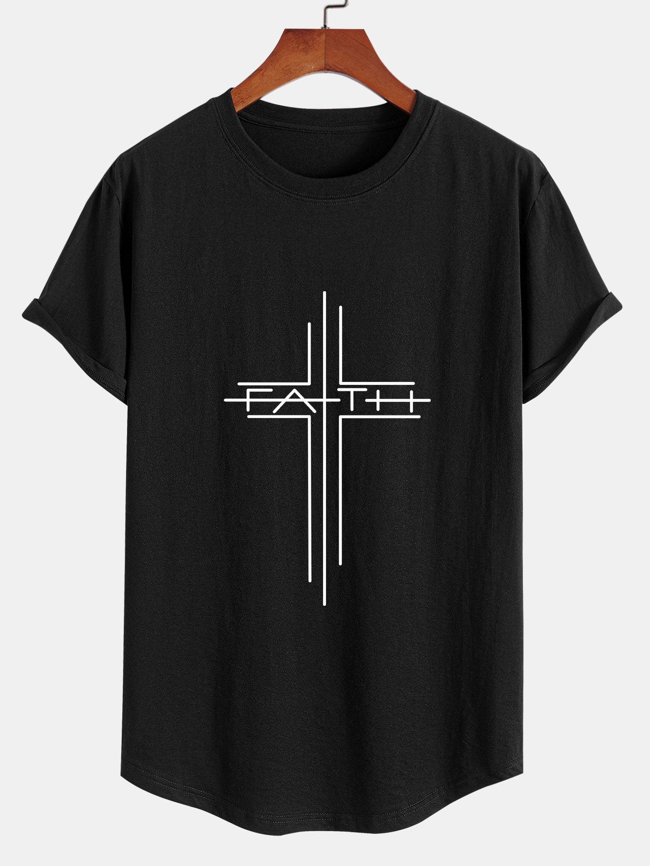 T-shirt en coton à ourlet arrondi Faith Crucifix Line Print