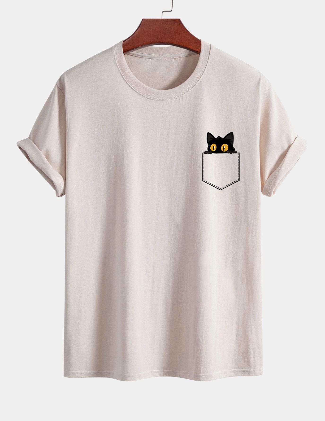 Regular Fit Pocket Black Cat Print Cotton T-Shirt