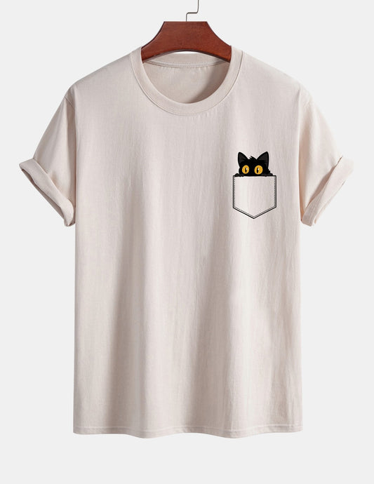 Regular Fit Pocket Black Cat Print Cotton T-Shirt