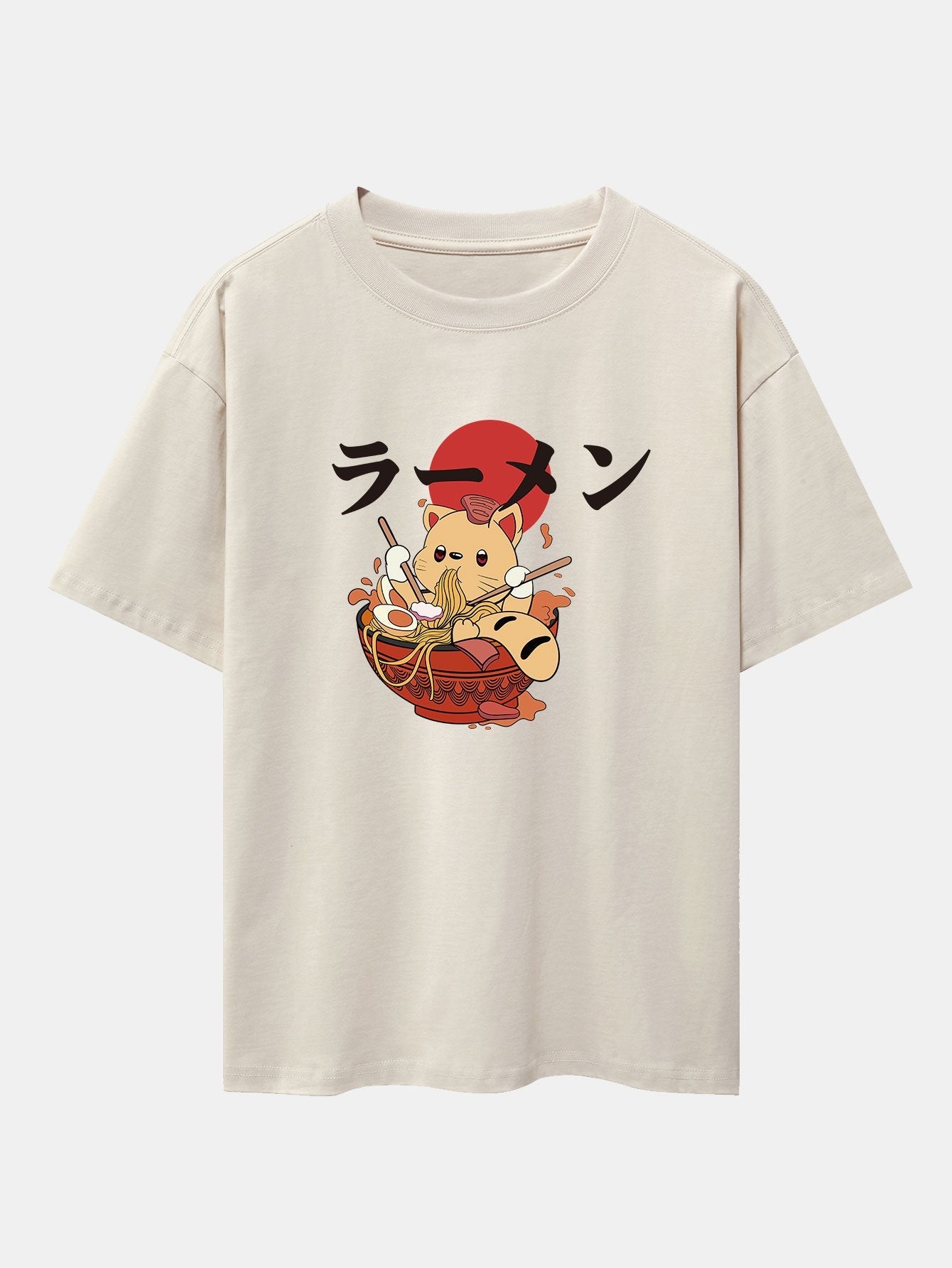 Ramen Cat Print Drop Shoulder Oversize T-Shirt