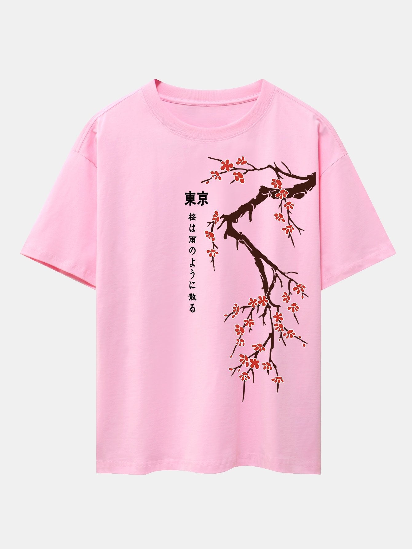 Tokyo Japanese Cherry Blossoms Print Drop Shoulder Oversize T-Shirt