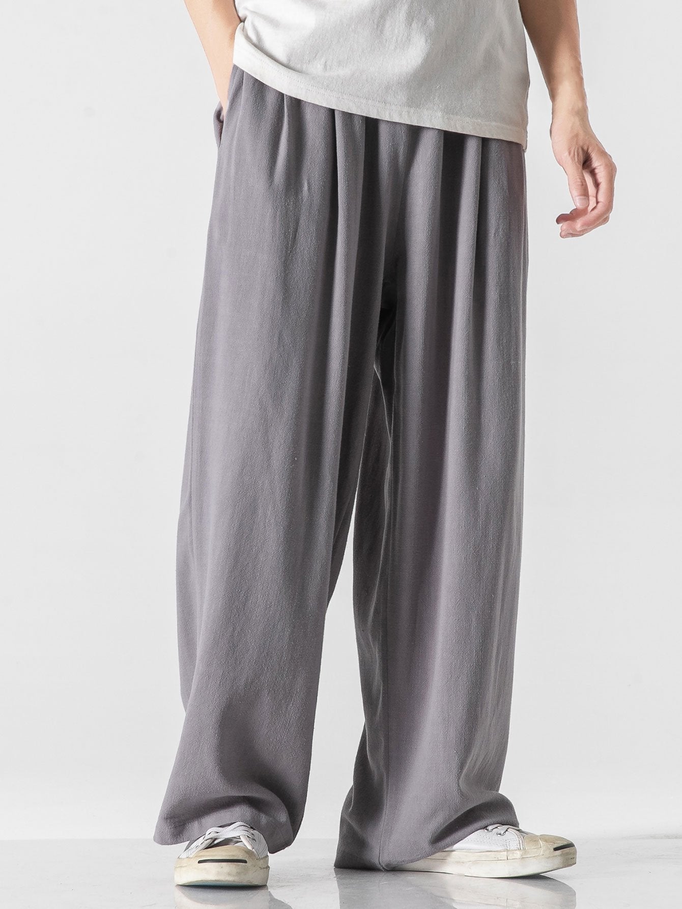 Pantalon large coupe décontractée en mélange de lin et de coton