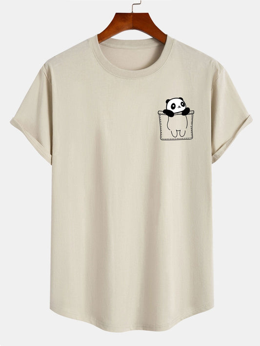 Pocket Panda Print Cotton Arc Hem T-Shirt