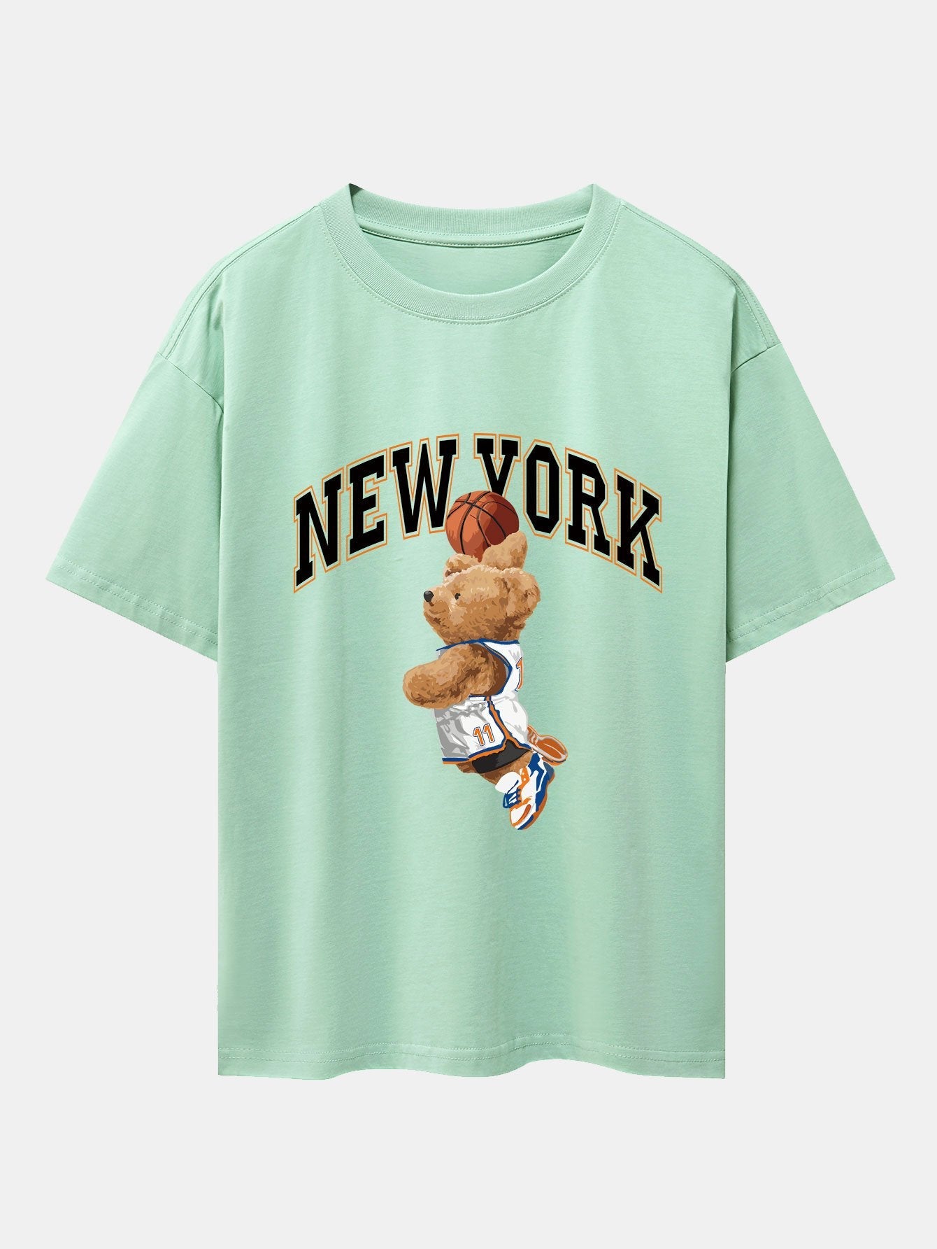 New York Basketball Bear Print Drop Shoulder Oversize T-Shirt