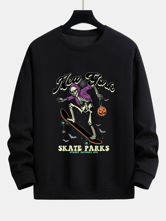 Halloween Skateboard Skeleton Print Relax Fit Sweatshirt