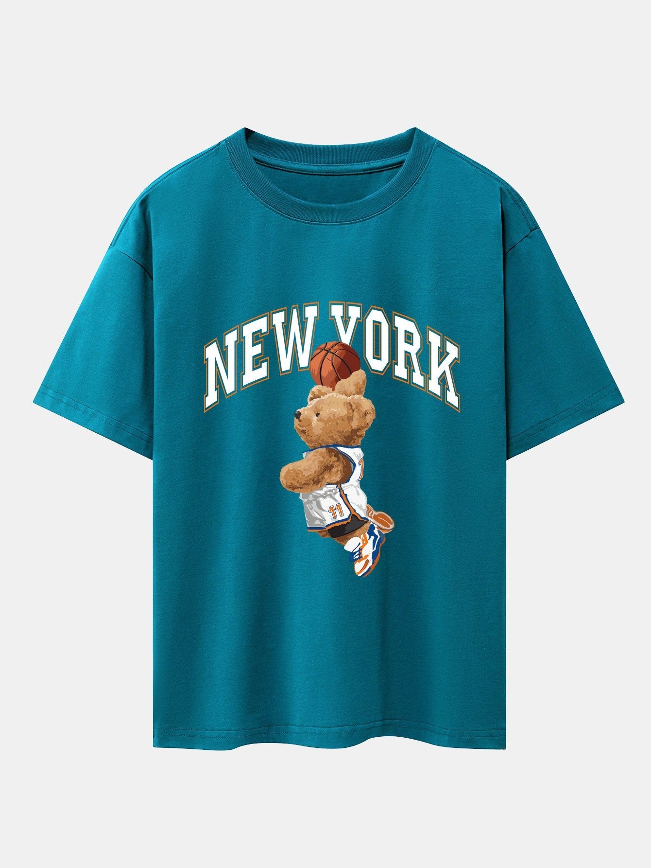 New York Basketball Bear Print Drop Shoulder Oversize T-Shirt