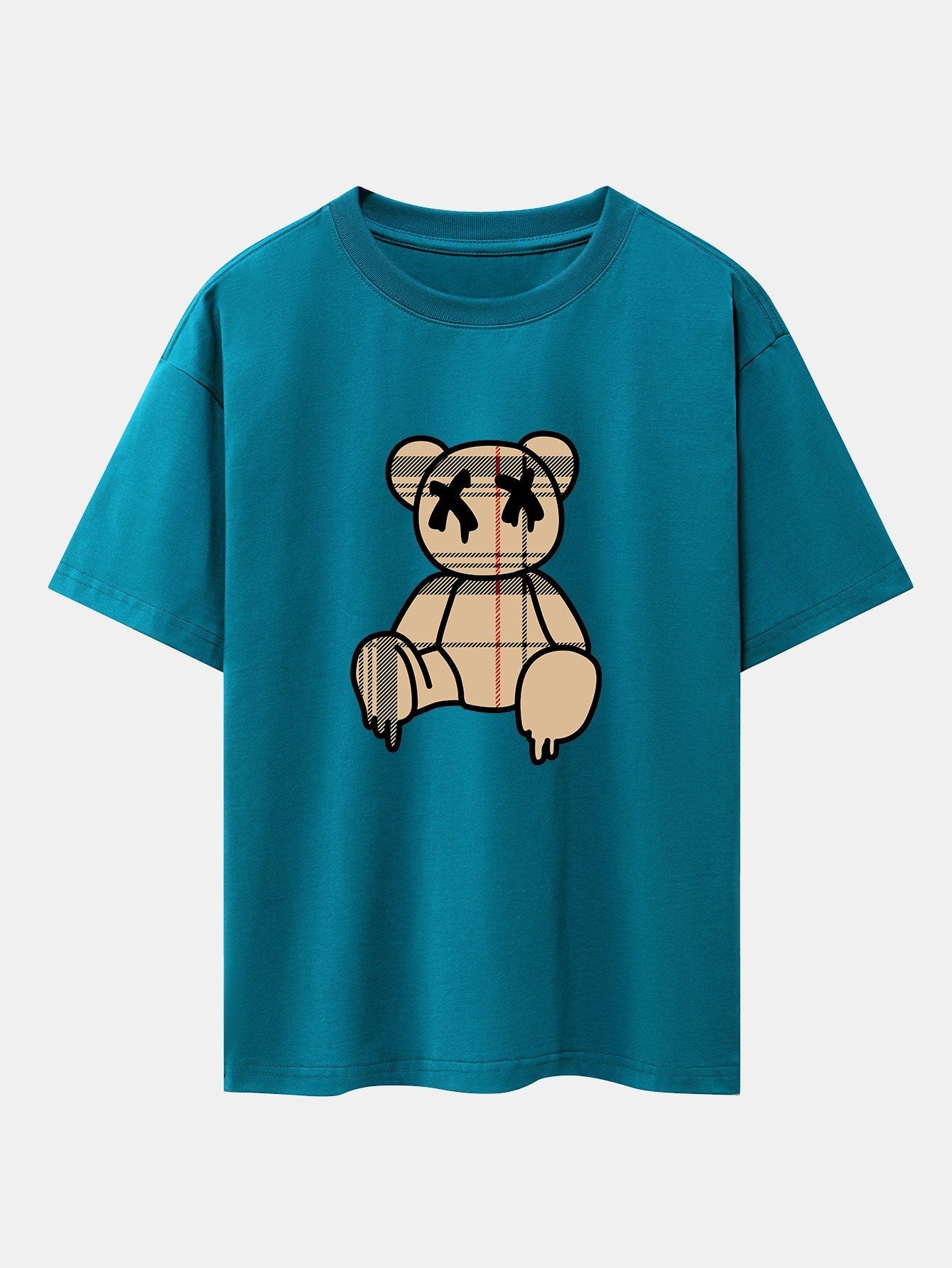 Plaid Pattern Dissolving Bear Print Heavy Weight Drop Shoulder Oversize T-Shirt