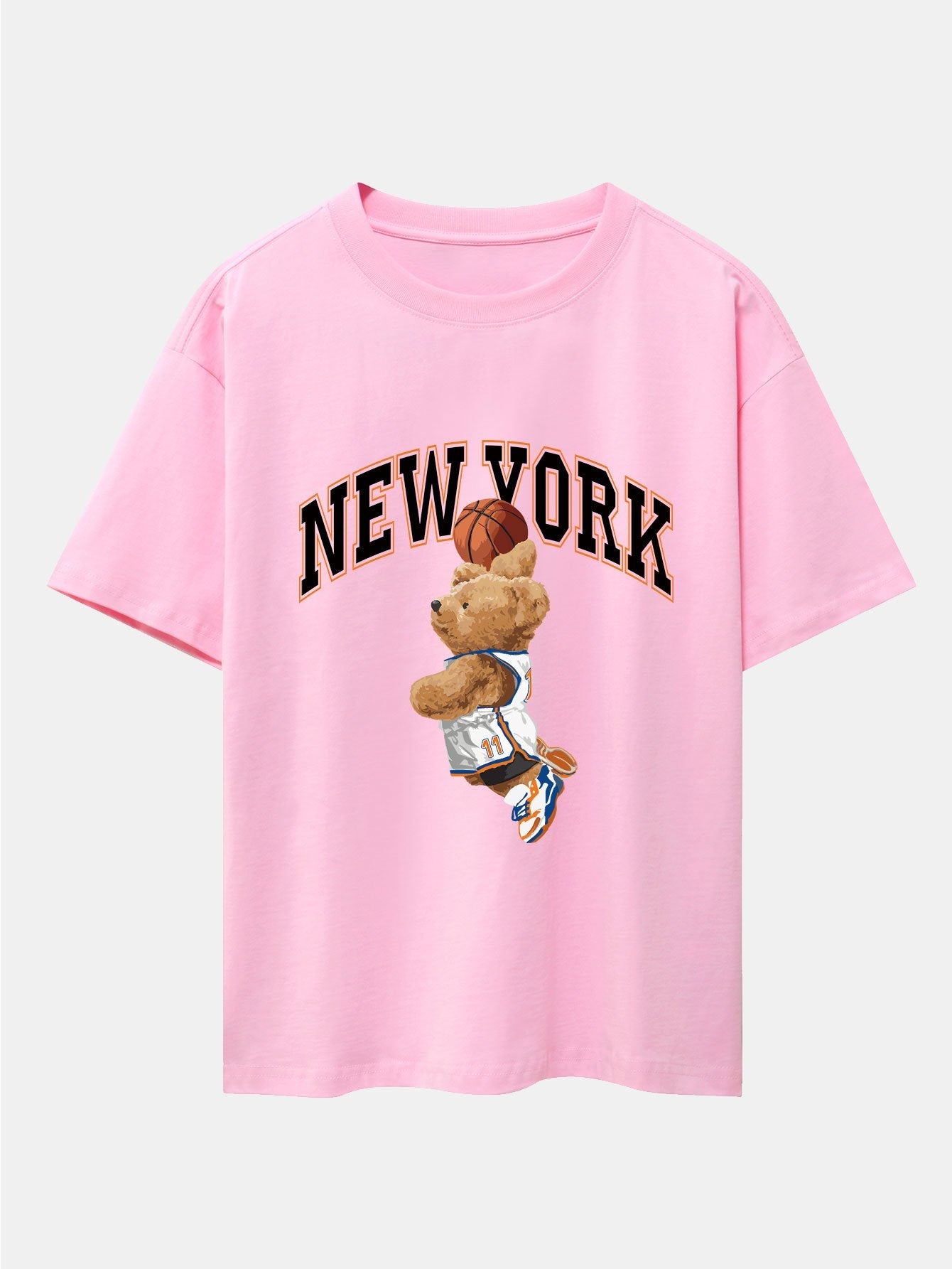 New York Basketball Bear Print Drop Shoulder Oversize T-Shirt