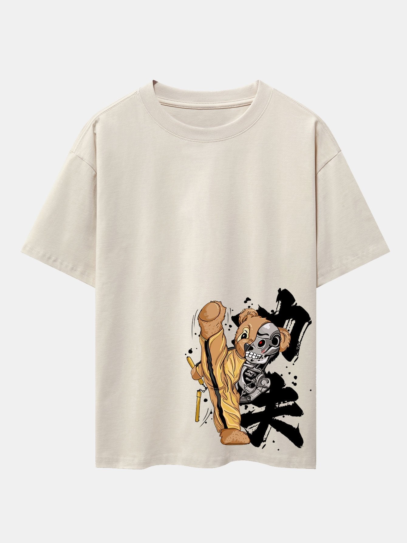 Kung Fu Bear Print Drop Shoulder Oversize T-Shirt